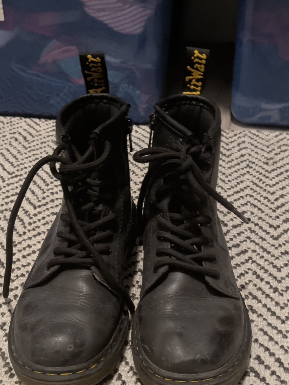 Dr. Martens Black Leather Lace-Up Boots with Yellow Pull Tabs